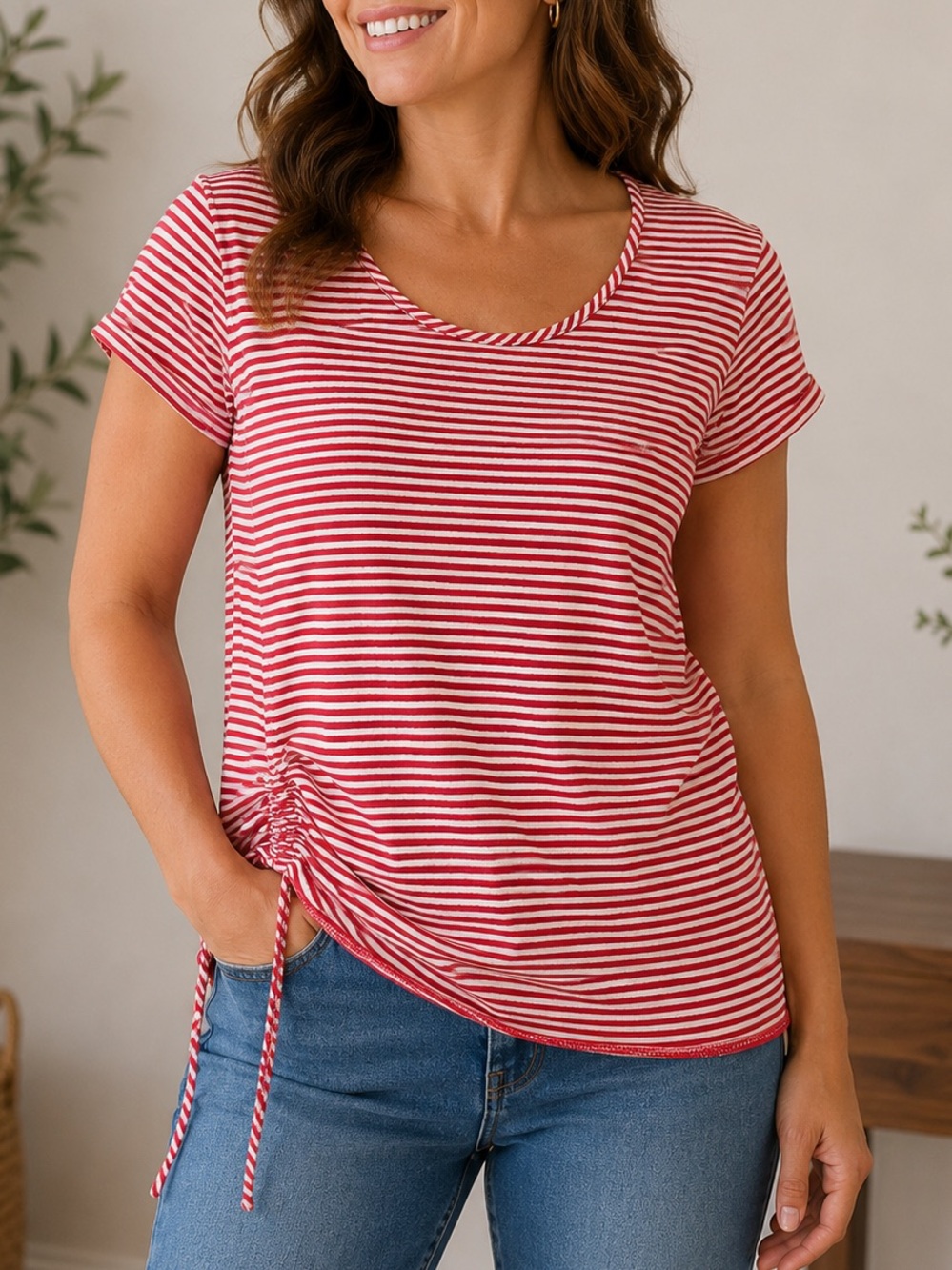 Apt. 9 Red & White Striped Short Sleeve Scoop Neck Top XL